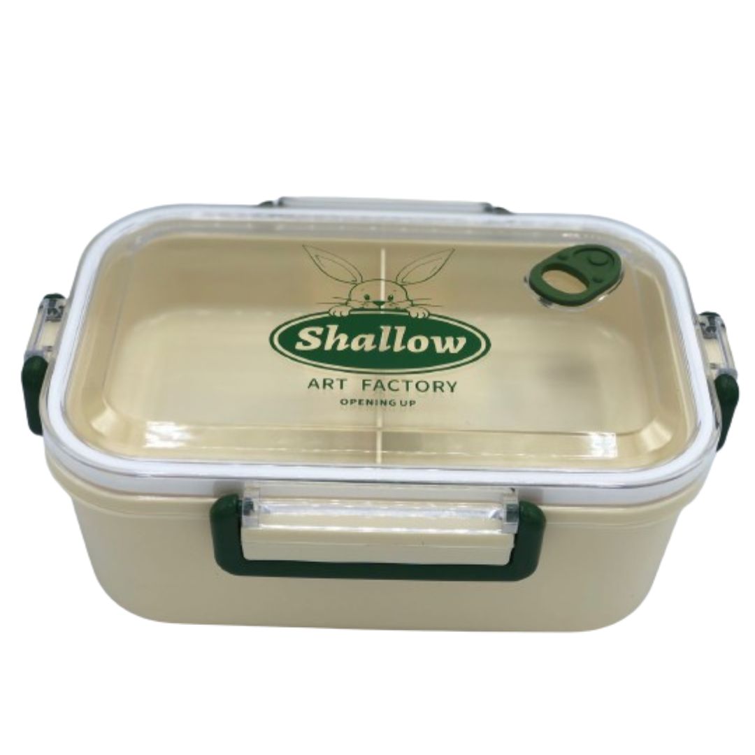 Recipiente para comida beige, tapa transparente con diseño de conejo y logo "Shallow Art Factory".