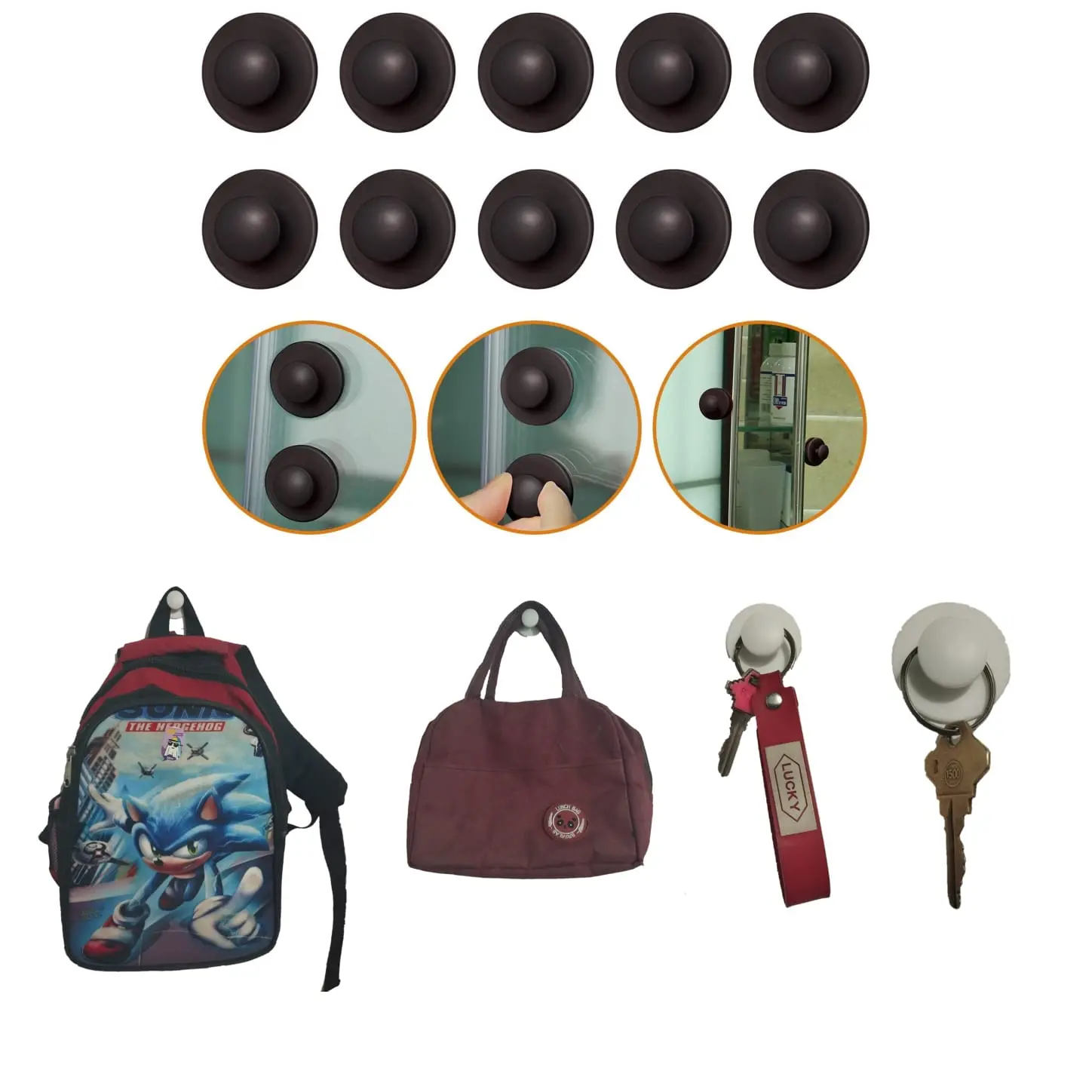 12 ganchos adhesivos negros para baño y cocina, junto a morral, lonchera y llaves con porta-llaves.