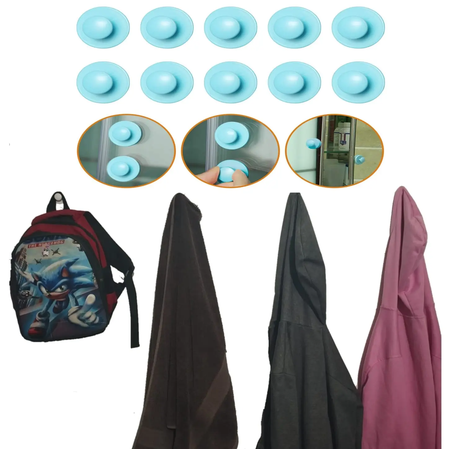 Set x2 ganchos adhesivos circulares azules. Pack x12 con mochila Sonic y toallas colgadas.