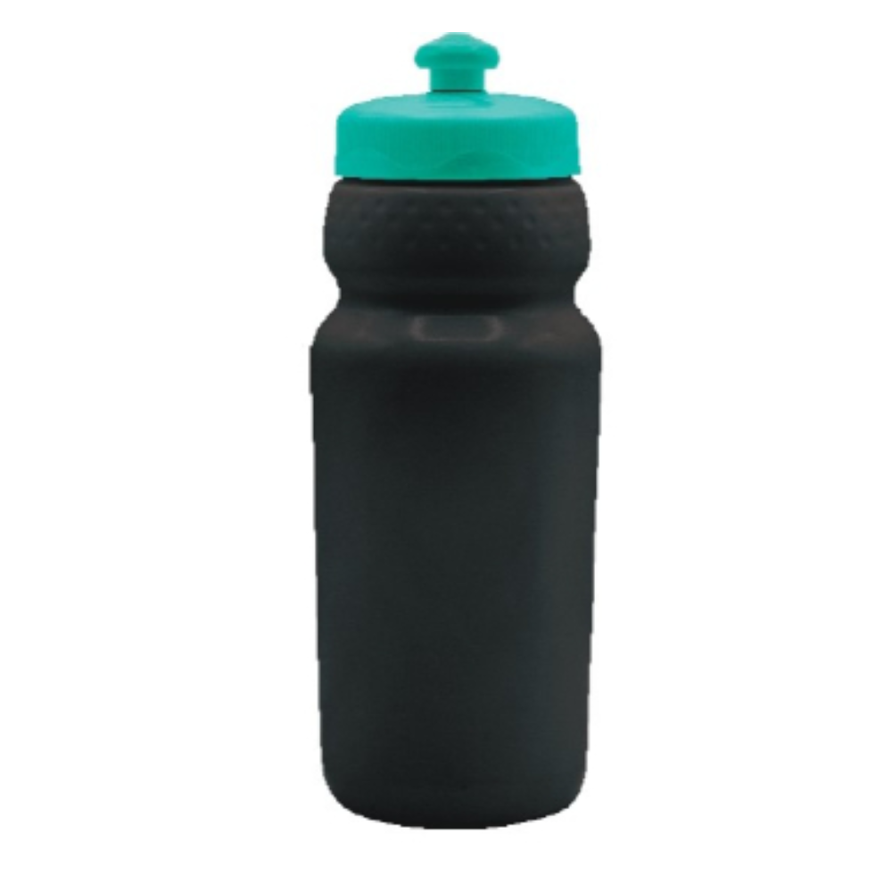 Termo deportivo negro con tapa y boquilla turquesa, diseño ergonómico para fácil agarre.