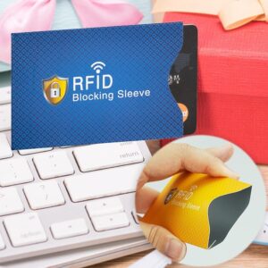 Tarjetero RFID bloqueador de aluminio, azul y amarillo, para tarjetas de crédito, sobre teclado y regalo.