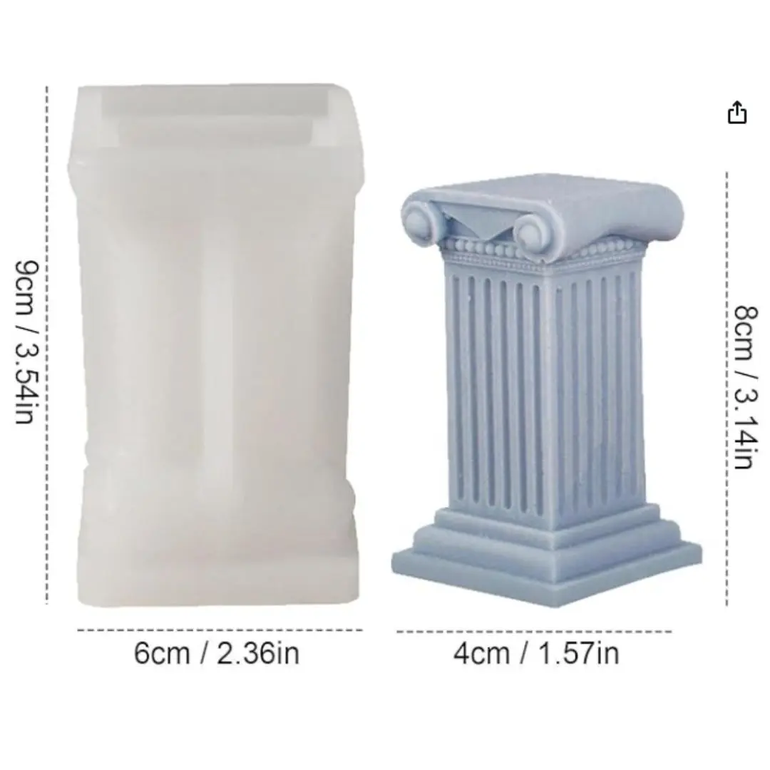 Set x2 moldes silicona para velas columna griega. Molde blanco 9x6cm, figura azul 8x4cm.