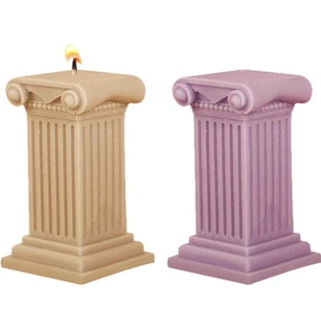 Set x2 moldes silicona vela columna griega beige y lila, detalle llama encendida.