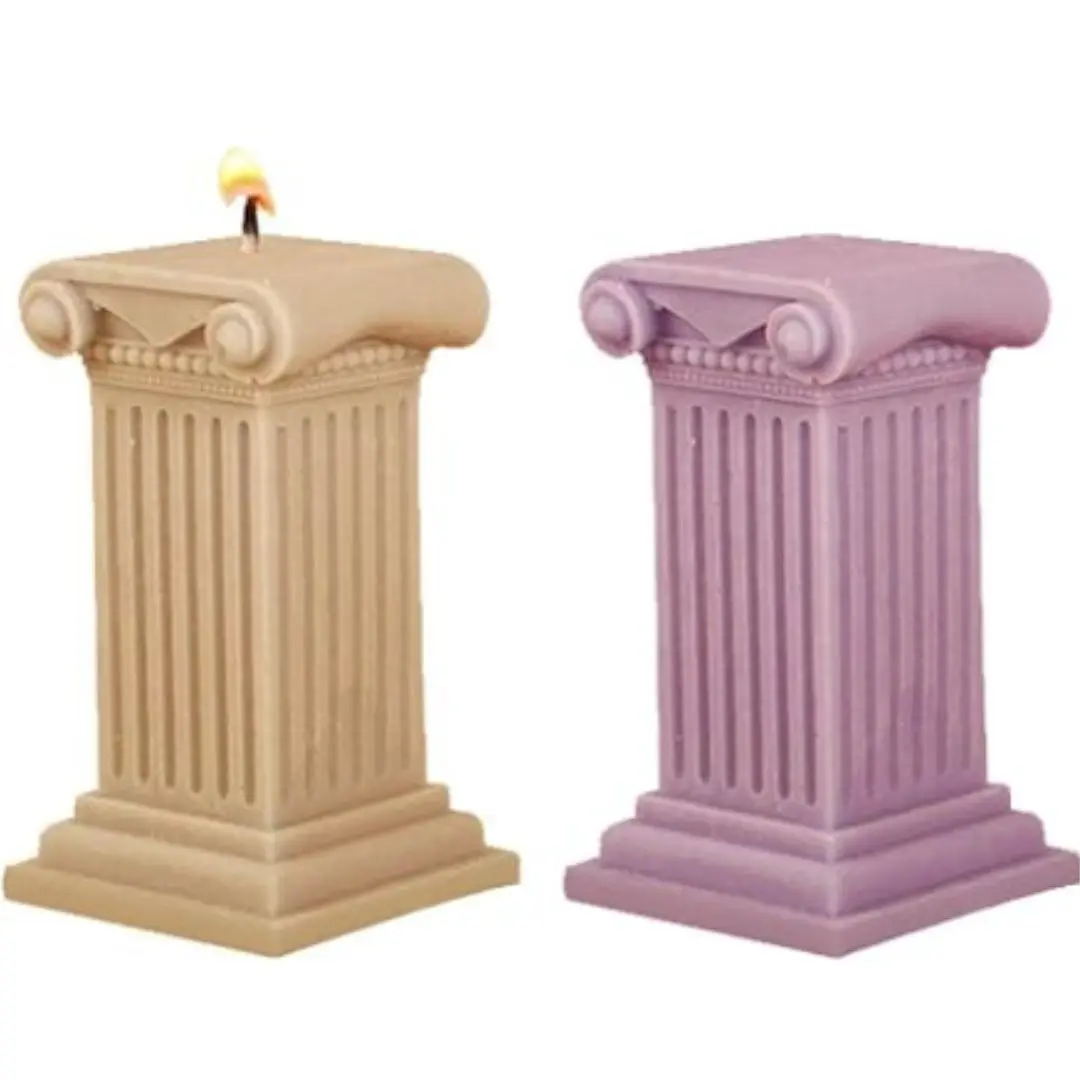 Set x2 moldes silicona vela columna griega beige y lila, detalle llama encendida.