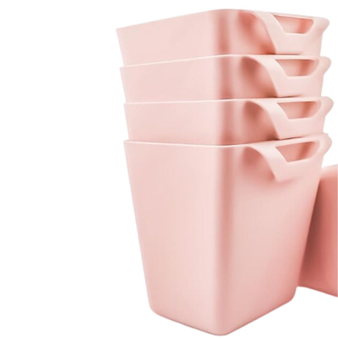 Pila de 4 organizadores rosados para colgar, con manijas, 12 cm de alto.