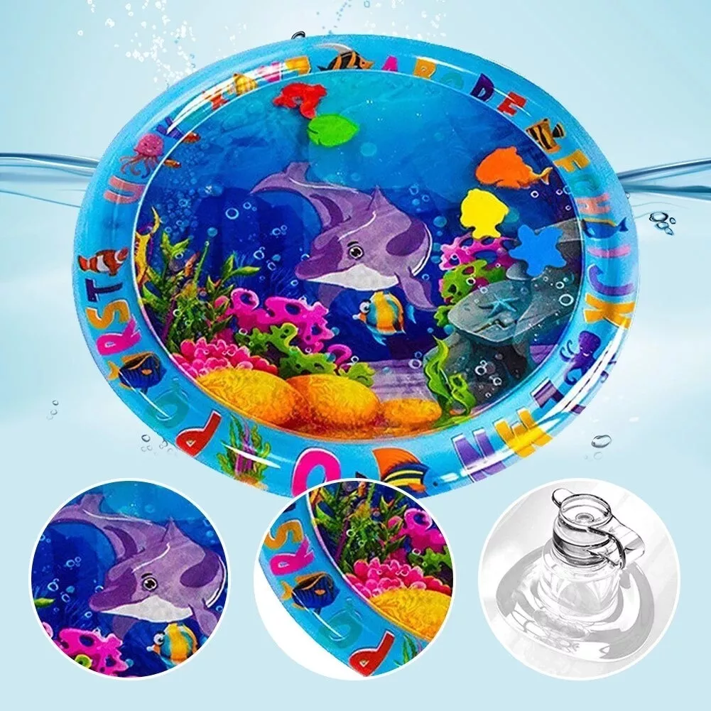 Tapete inflable ovalado de 65cm con diseño de delfín y peces, ideal para estimular desarrollo sensorial en bebés.