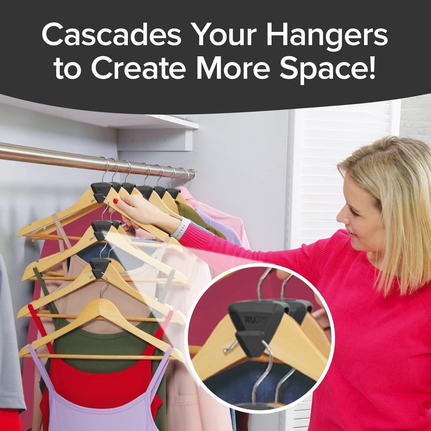 Gancho para ropa gris que permite colgar múltiples prendas verticalmente y ahorrar espacio en el closet.