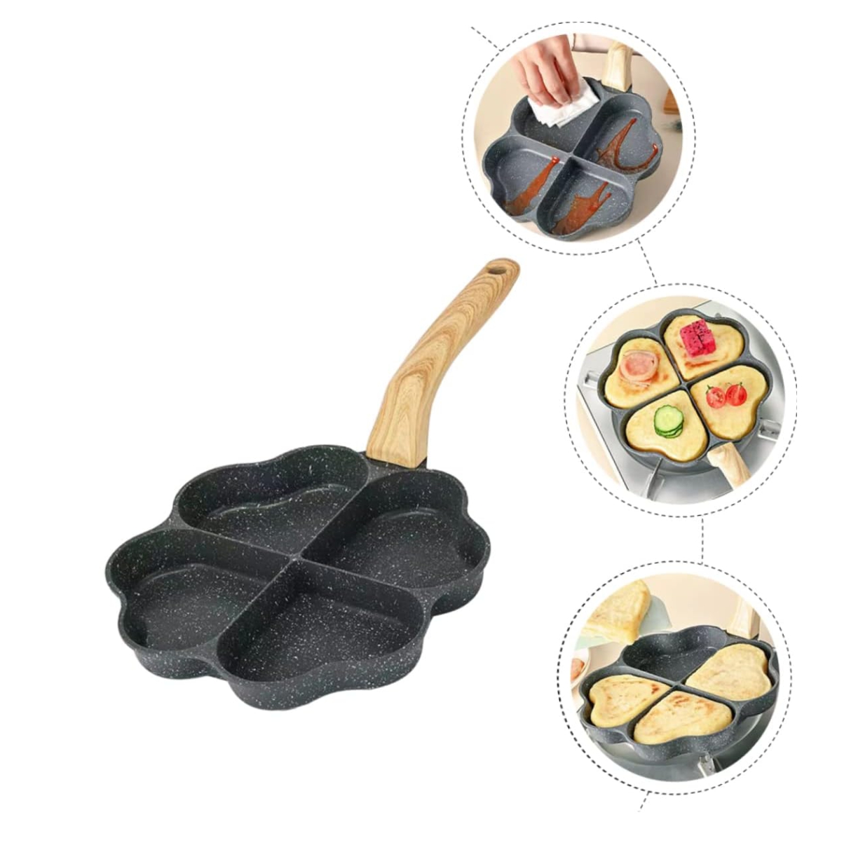 Sartén antiadherente con cuatro cavidades en forma de corazón y mango de madera, ideal para freír huevos.