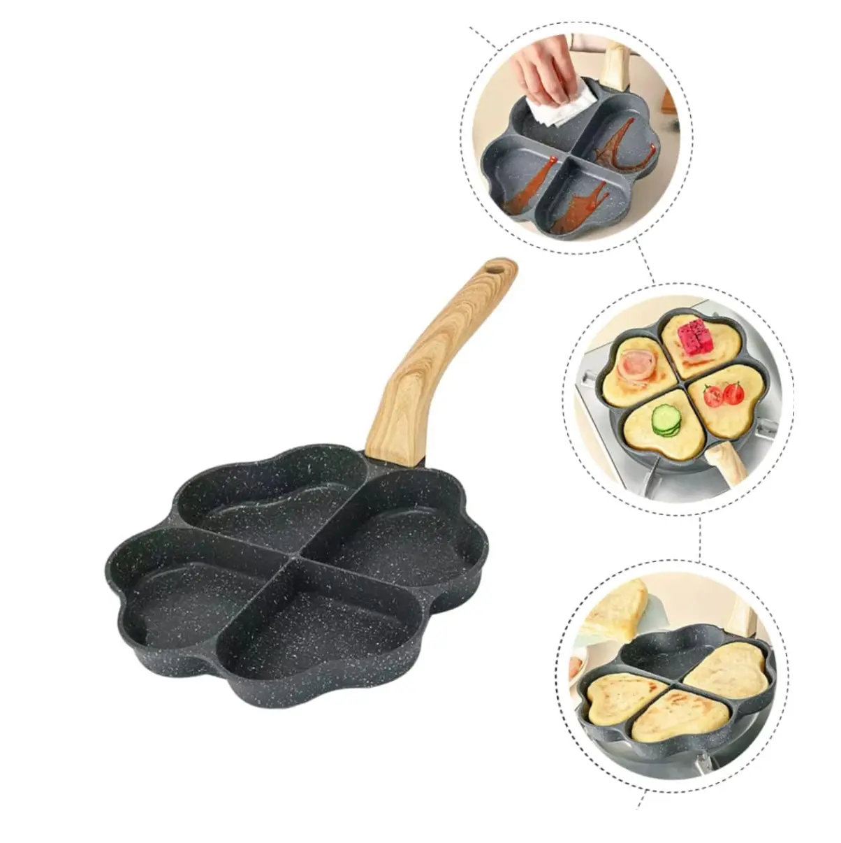 Sartén antiadherente con cuatro cavidades en forma de corazón y mango de madera, ideal para freír huevos.