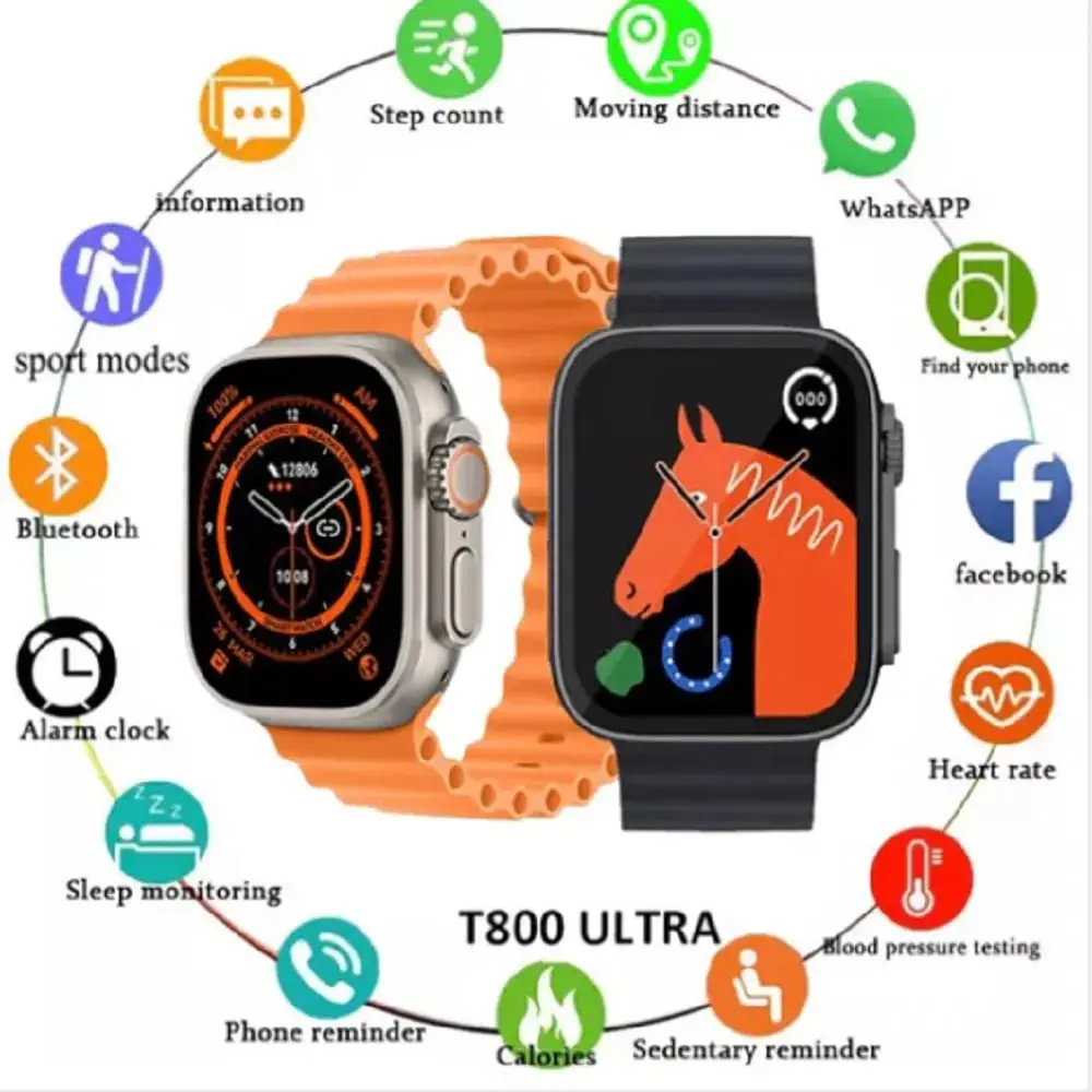 Smartwatch T800 Ultra plateado con pulso naranja y negro, mostrando funciones de salud y deporte.