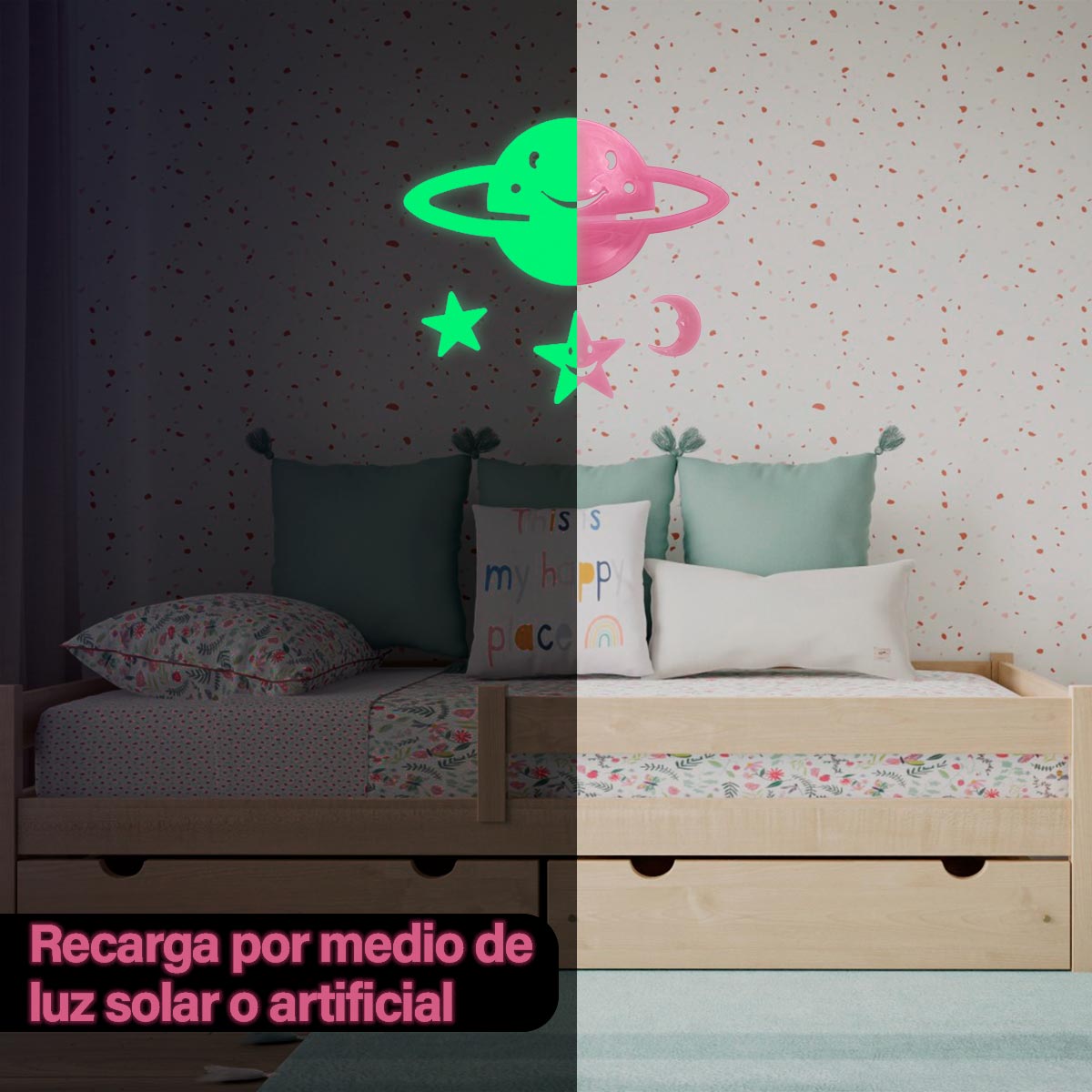 Planeta y estrellas adhesivas luminosas, mitad verde brillante y mitad rosa, decoran pared de habitación infantil sobre cama.