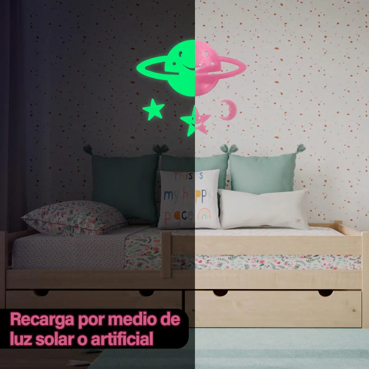 Planeta y estrellas adhesivas luminosas, mitad verde brillante y mitad rosa, decoran pared de habitación infantil sobre cama.