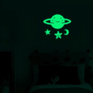 Planeta y estrellas adhesivas luminosas verdes para decorar habitaciones infantiles.