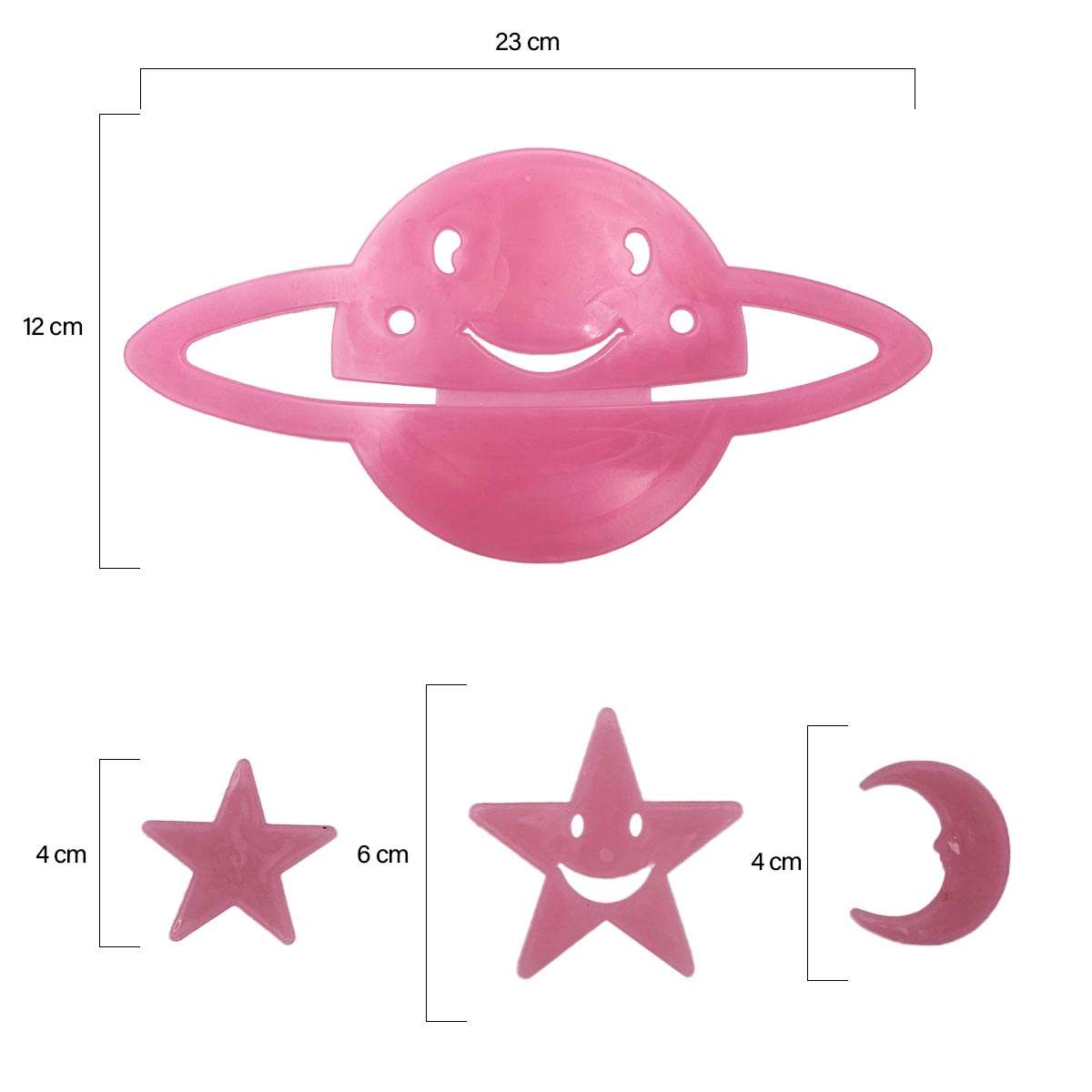 Set x2 estrellas y planeta adhesivos luminosos rosados, 23cm planeta, 6cm estrella.