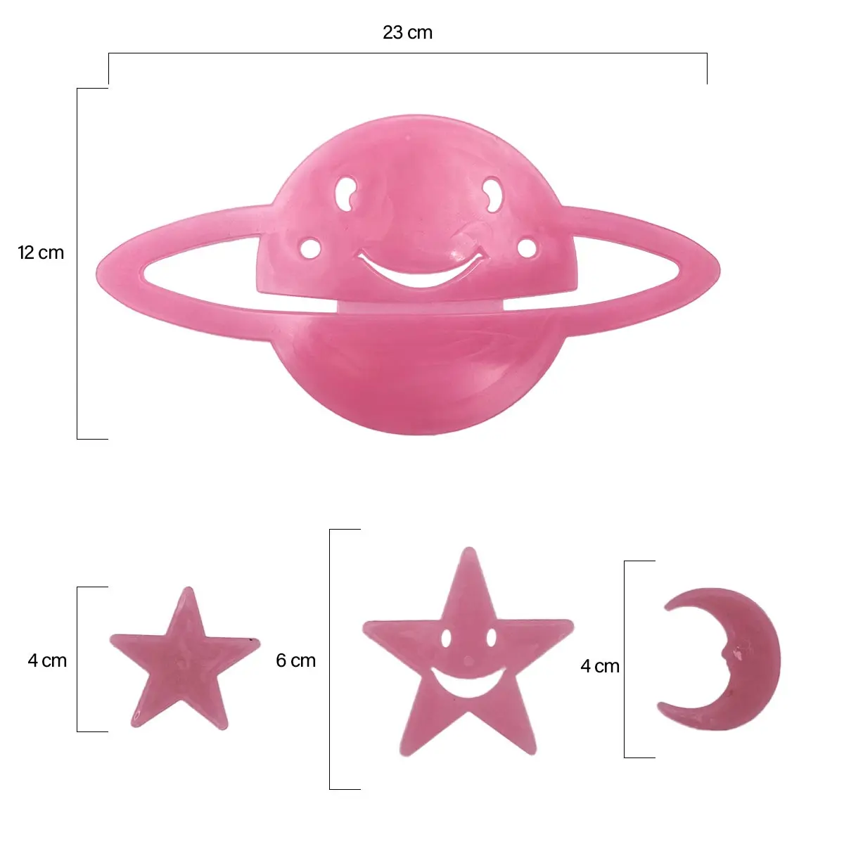 Set x2 estrellas y planeta adhesivos luminosos rosados, 23cm planeta, 6cm estrella.
