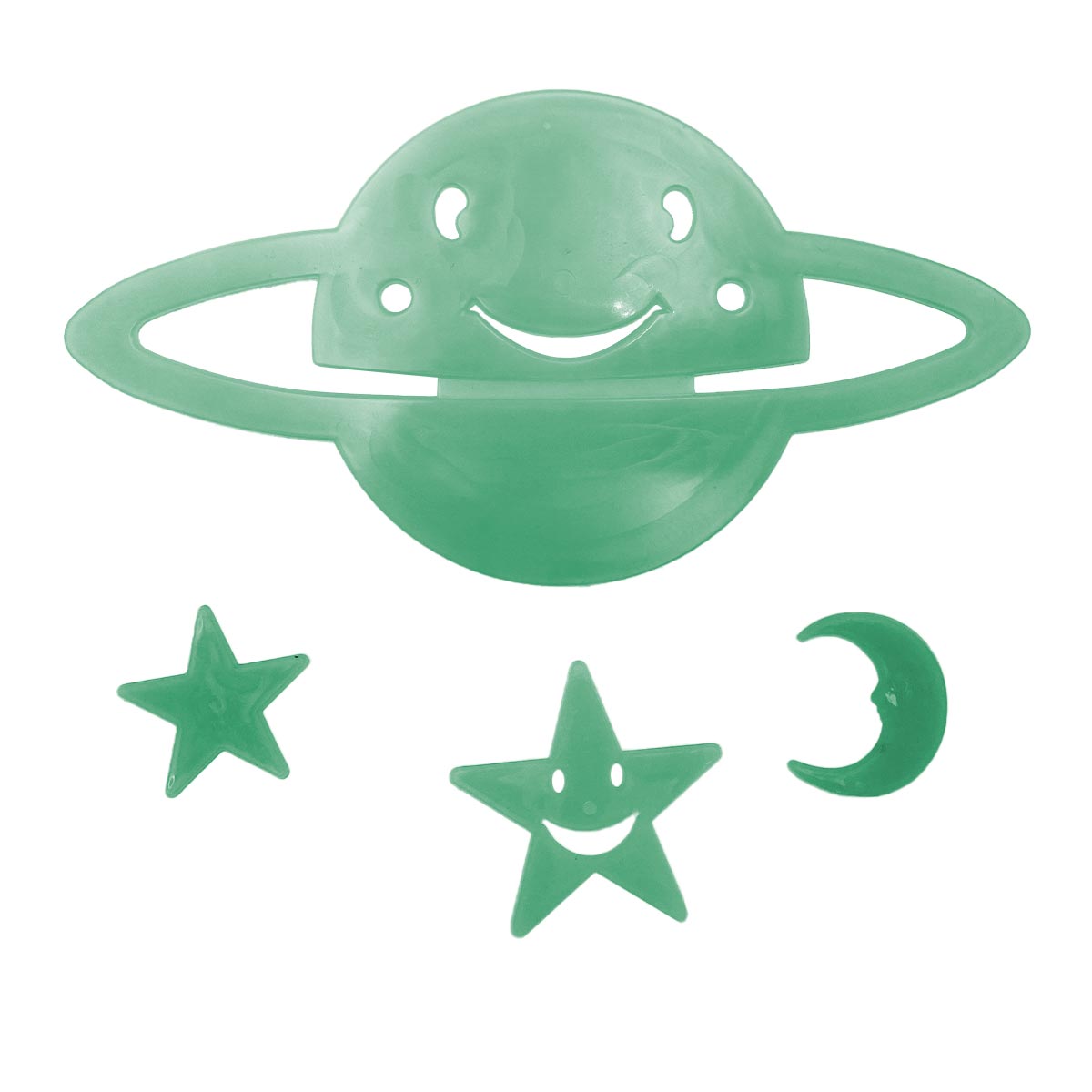 Set x2 adhesivos luminosos: planeta sonriente con anillos y estrellas con caritas, color verde.