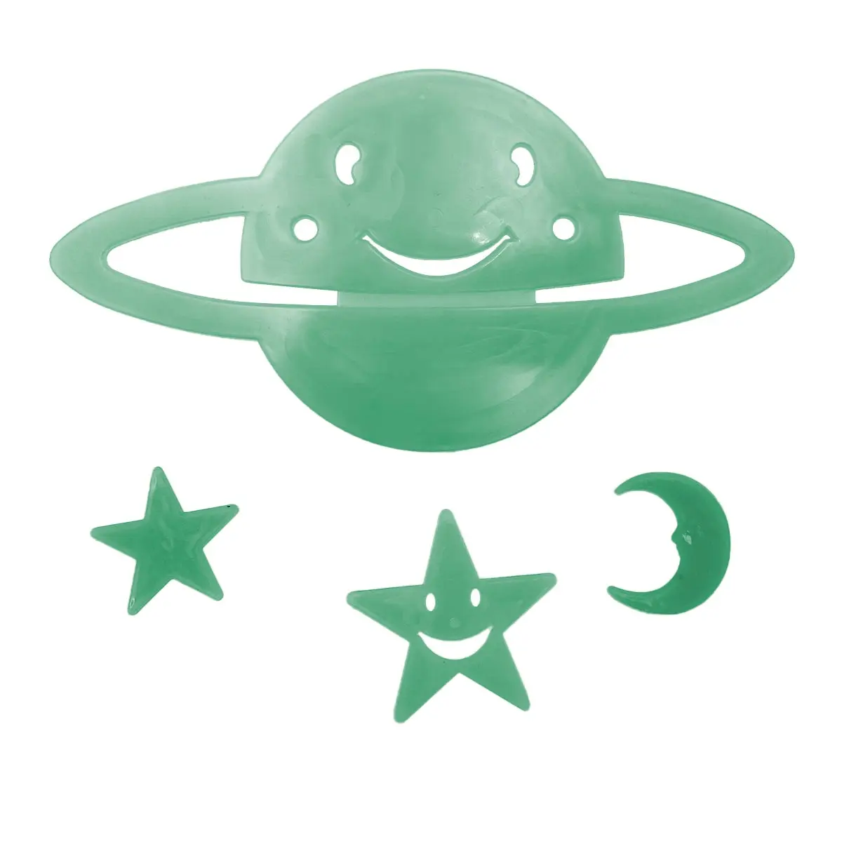 Set x2 adhesivos luminosos: planeta sonriente con anillos y estrellas con caritas, color verde.