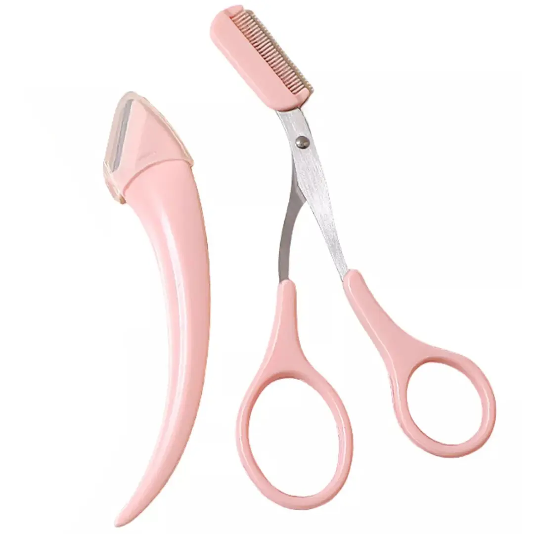 Perfilador de cejas rosa con tijera integrada y peineta, ideal para el cuidado facial.