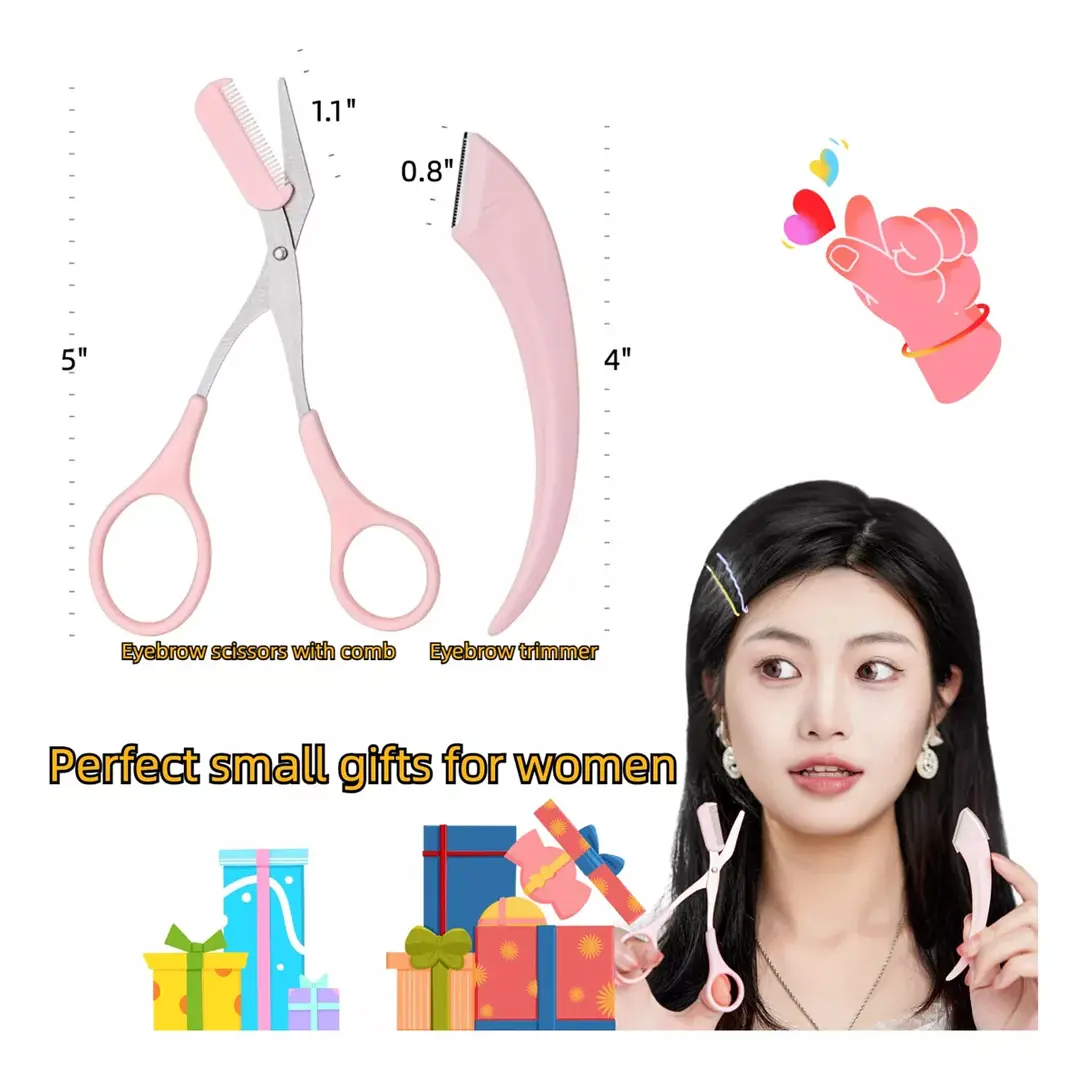 Perfilador de cejas rosado en tijera con peineta y perfilador curvo, ideal para regalos.