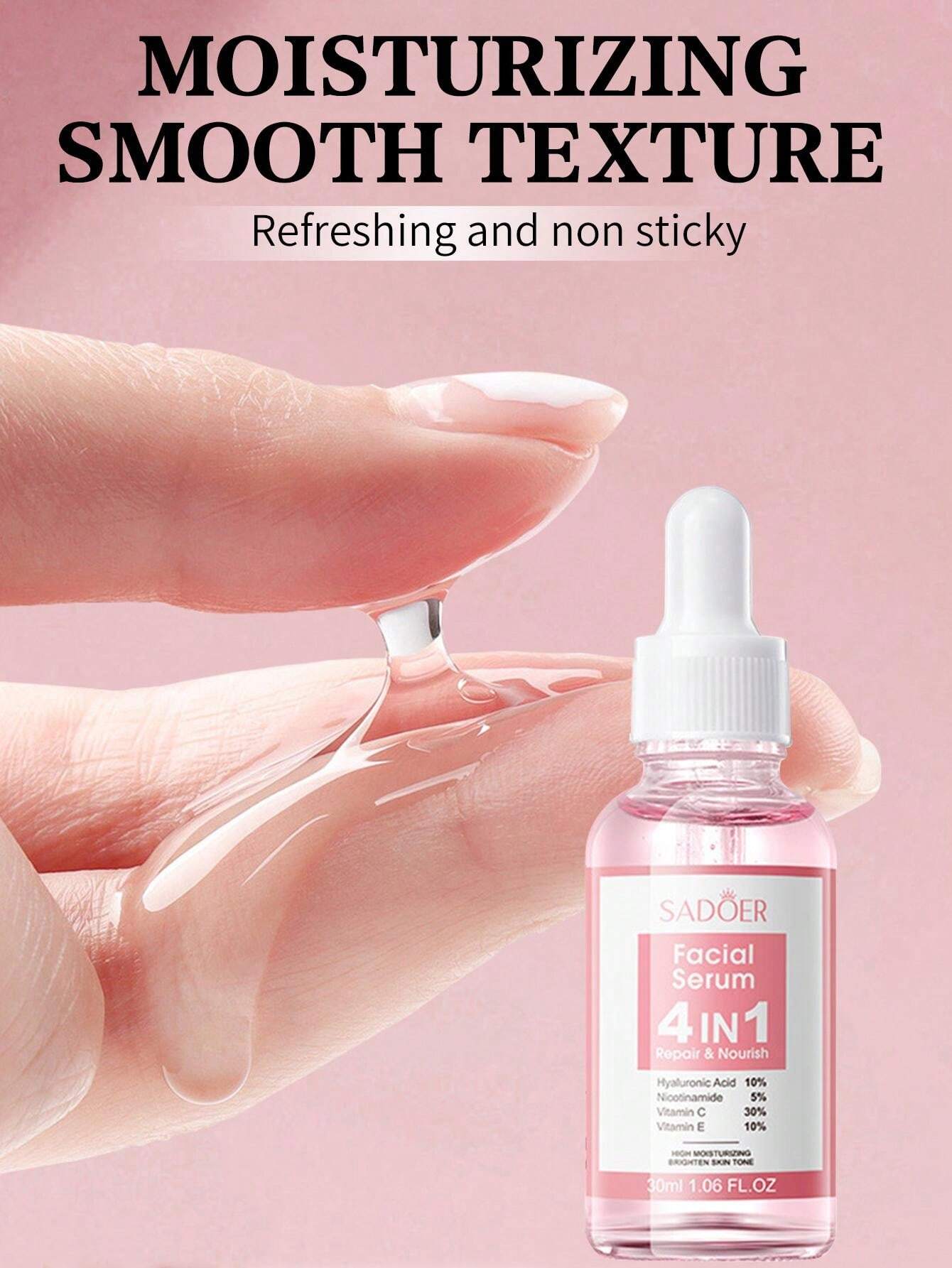 Serum facial Sadoer 4 en 1, textura ligera y no pegajosa, ideal para hidratar y nutrir la piel. 30ml.