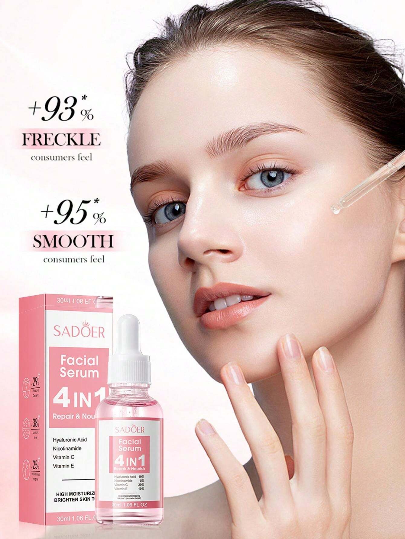 Serum facial Sadoer 4 en 1 para reparar, nutrir e hidratar la piel. Incluye frasco de 30ml.