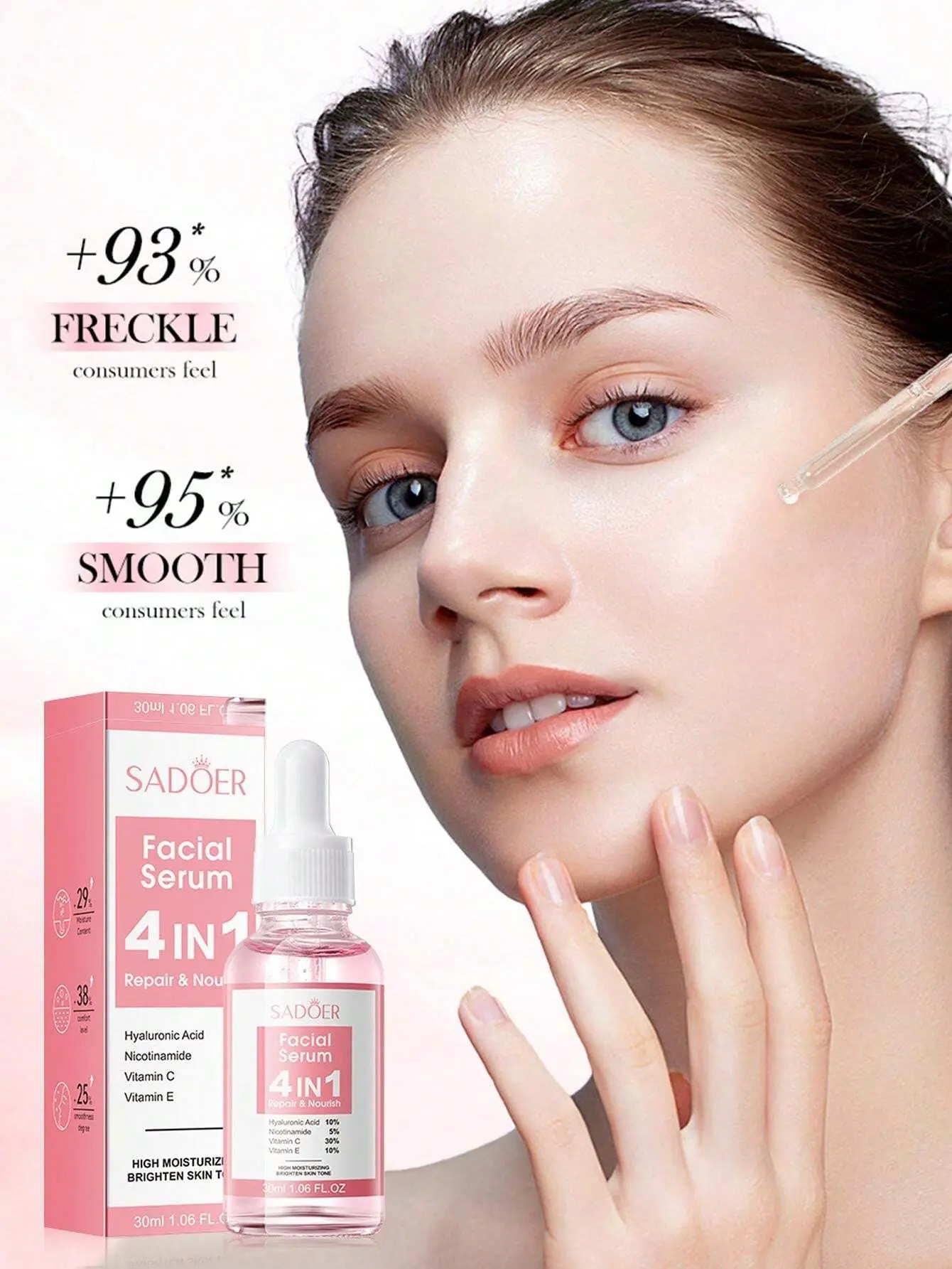 Serum facial Sadoer 4 en 1 para reparar, nutrir e hidratar la piel. Incluye frasco de 30ml.