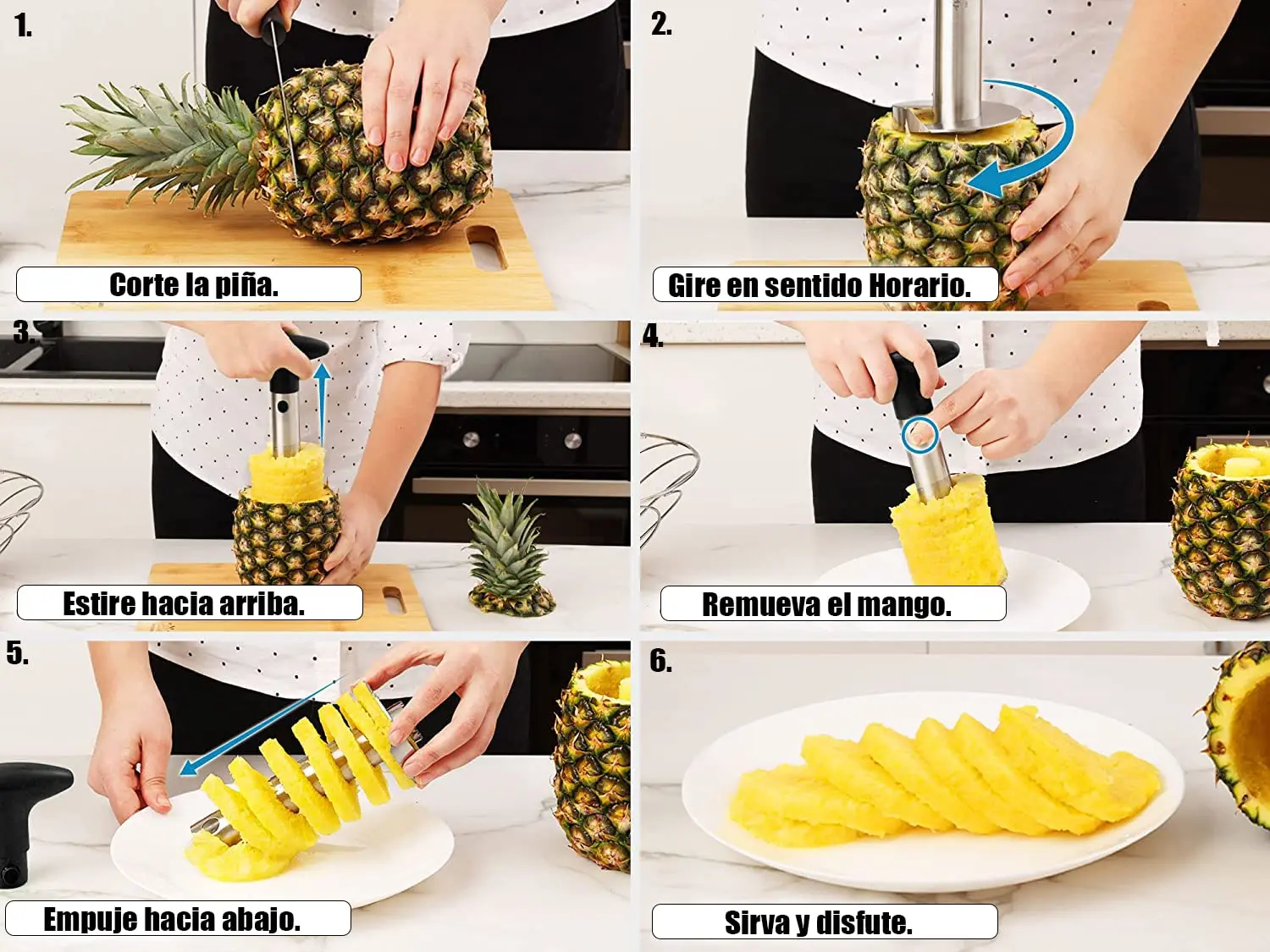Pelador de piña en acción: pasos para cortar y extraer la pulpa de una piña en espiral.