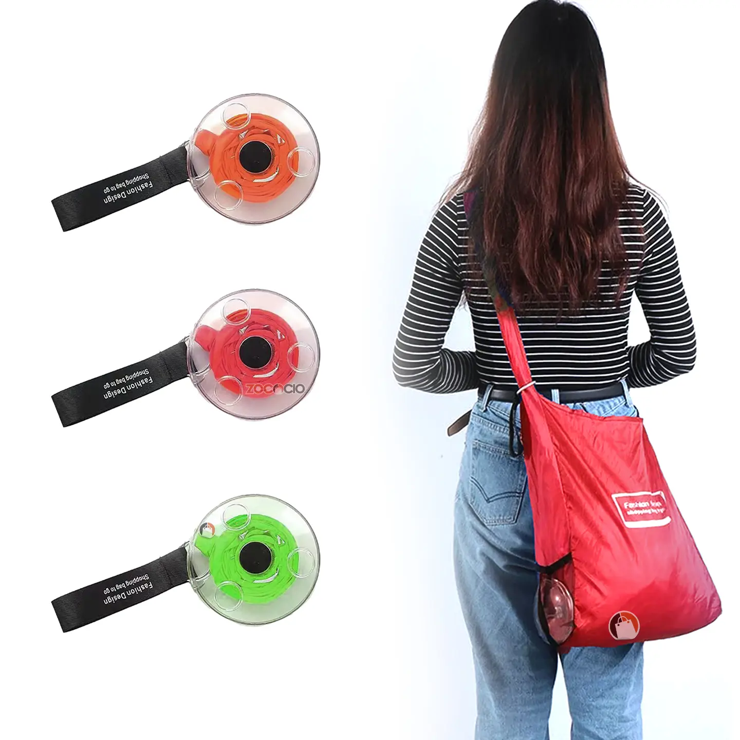 Bolsas ecológicas enrollables en naranja, rojo y verde, compactas y portátiles para compras.
