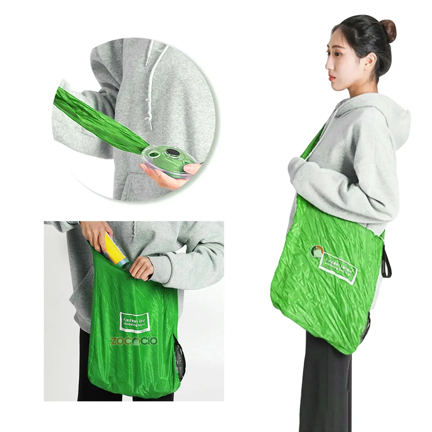 Bolsa ecológica reutilizable verde brillante, enrollable, con estuche compacto. Ideal para compras diarias.