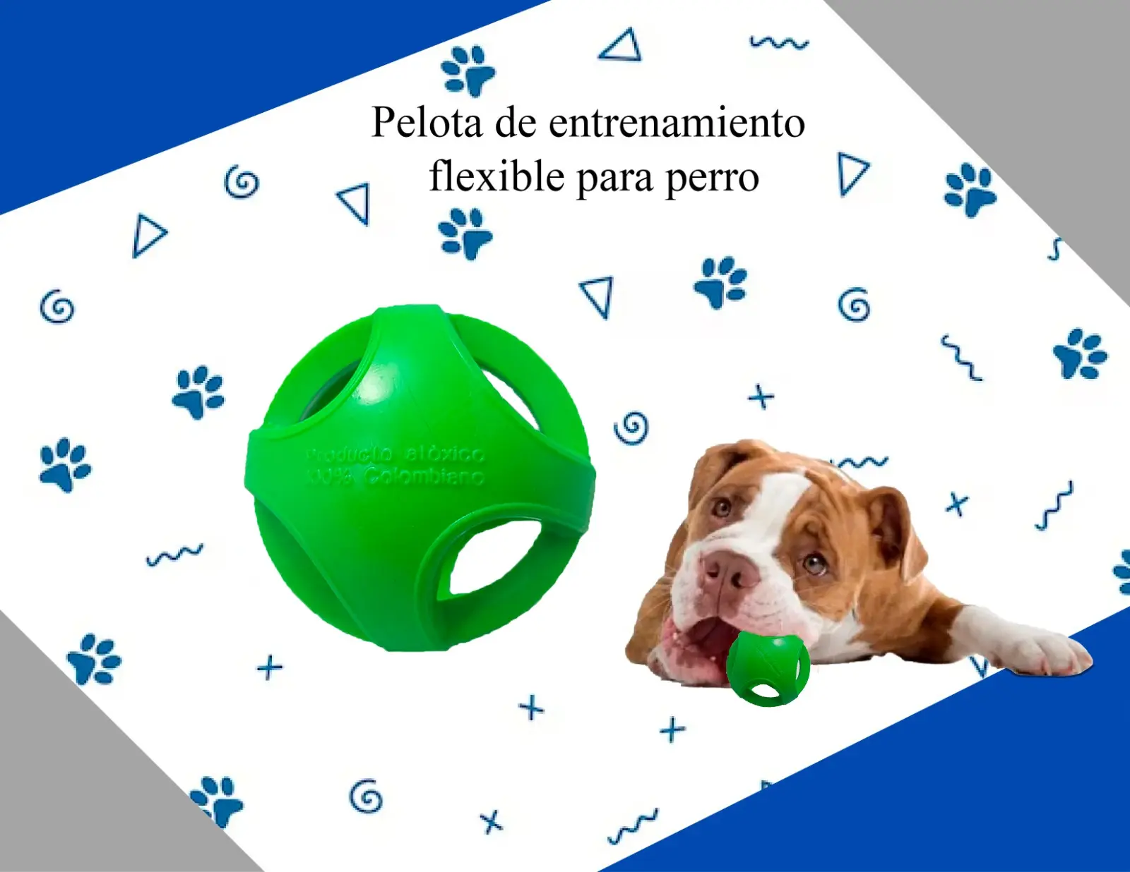 Pelota de entrenamiento flexible verde para perro, atóxica y colombiana, con perro masticando una pelota pequeña.