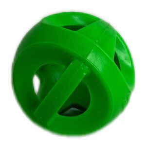 Pelota interactiva verde para perros, diseño abierto, ideal para entrenamiento y estimulación.