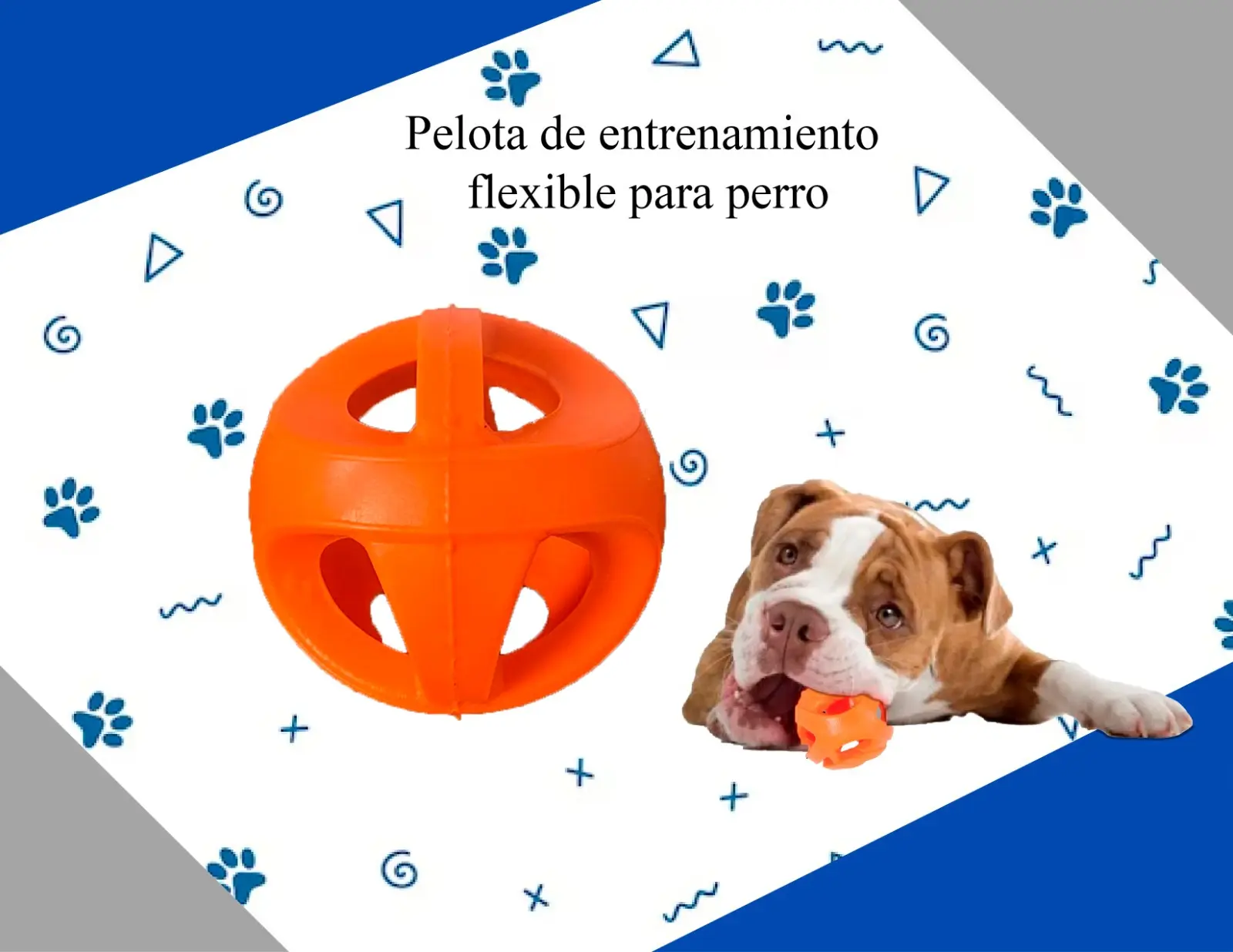 Pelota de entrenamiento naranja para perros, flexible y atóxica, con un perro mordiéndola.