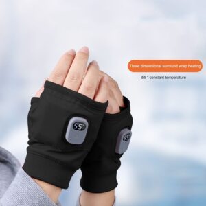 Guantes calefactables eléctricos USB sin dedos negros con pantalla digital mostrando 55 grados constantes.
