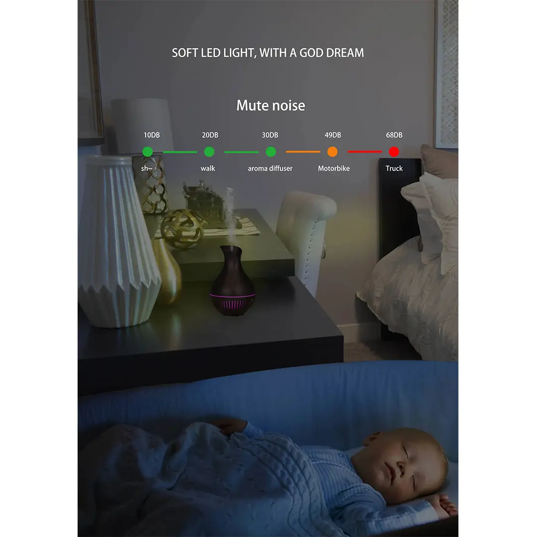 Difusor de aromas oscuro con luz LED suave y baja sonoridad, ideal para ambientar habitaciones y propiciar el descanso.