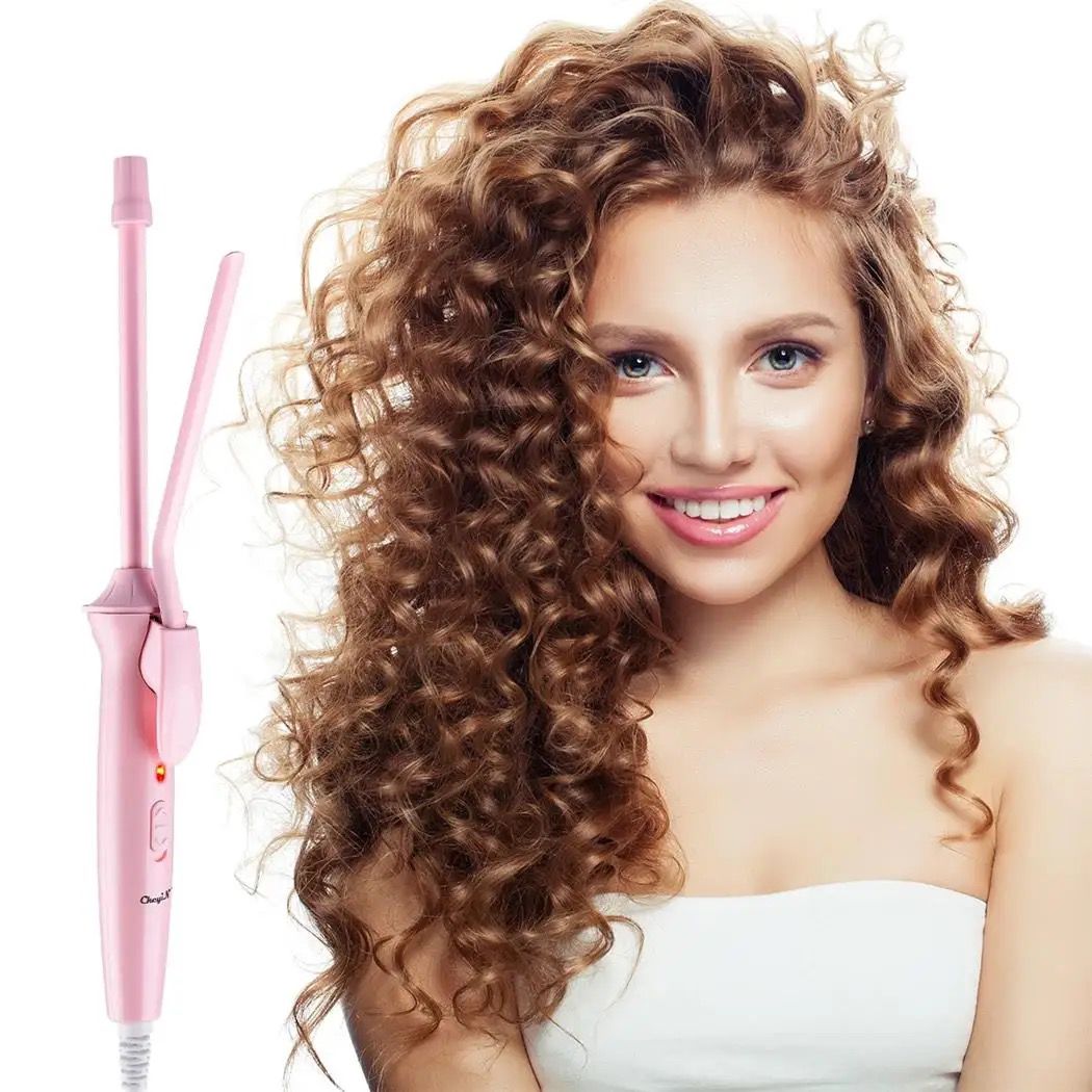 Pinza rizadora delgada rosa 9mm para crear ondas y crespos definidos en el cabello.