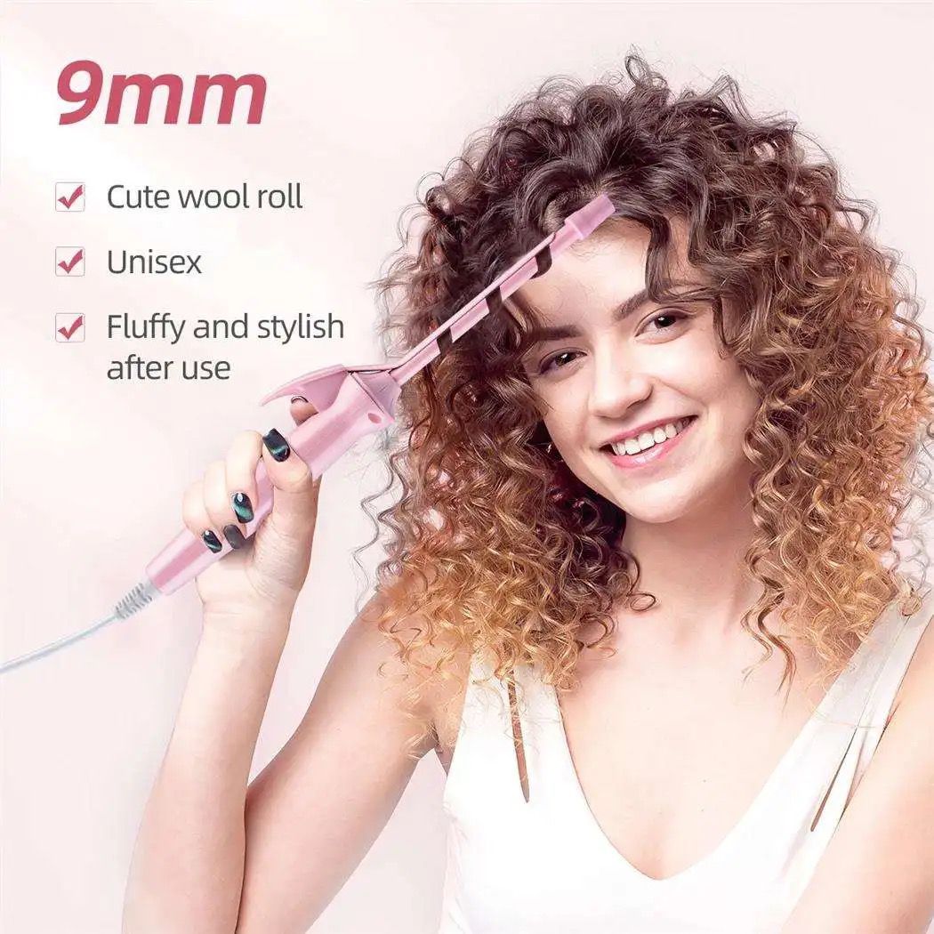 Pinza rizadora delgada rosa de 9mm crea ondas y crespos definidos y esponjosos.