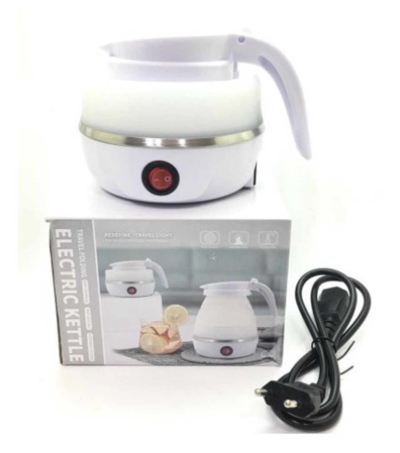 Jarra eléctrica de silicona blanca plegable con base y tapa rígida, incluye caja del producto con imágenes referenciales y cable de alimentación negro.