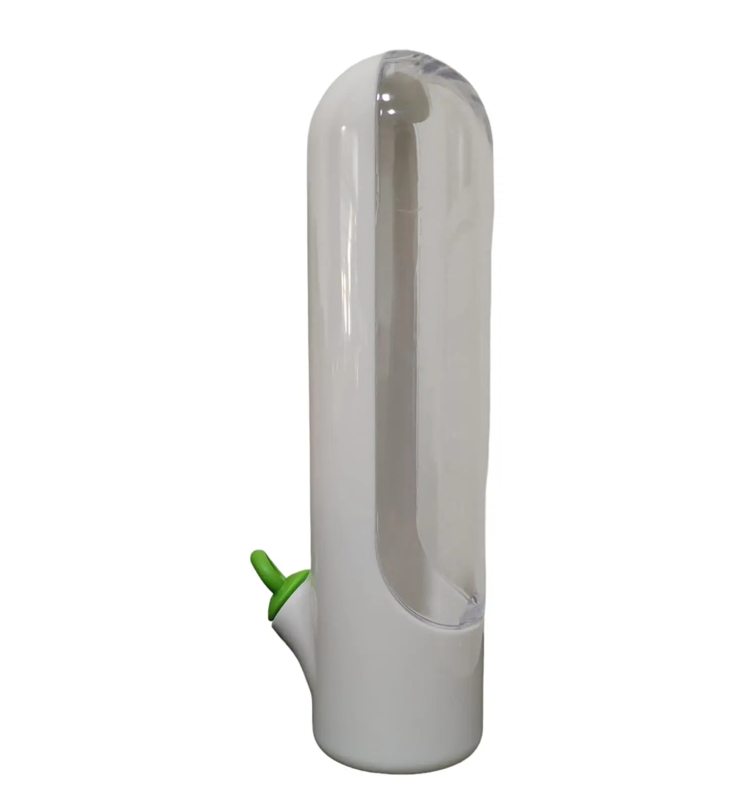Conservador de verduras blanco y transparente, diseño botella con dispensador verde.