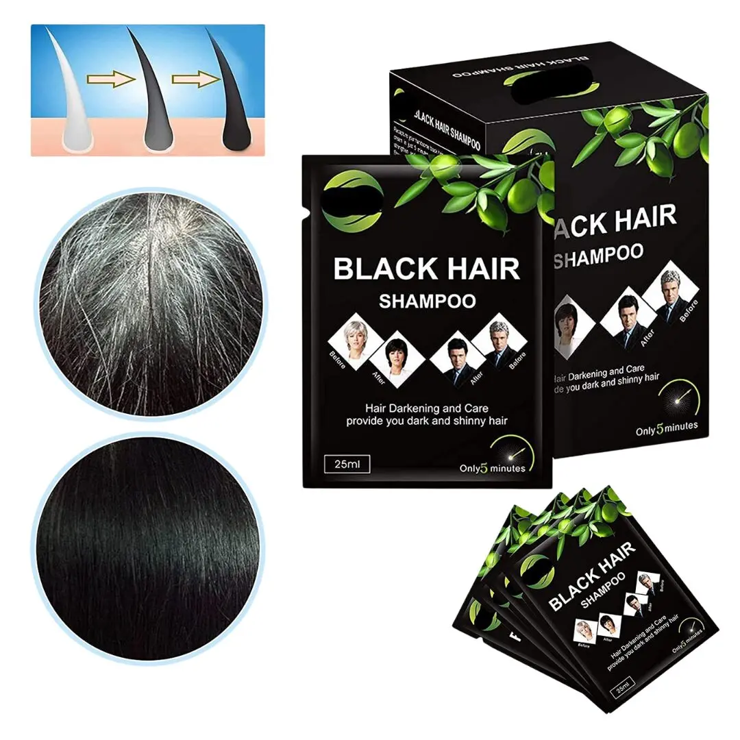 Set x20 sachets de shampoo tinte negro para cabello, cubre canas rápido.
