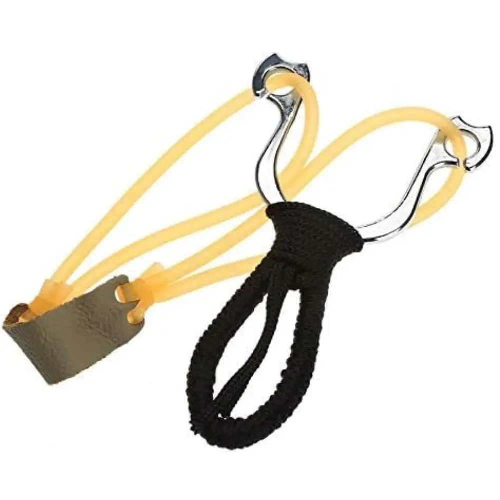 Cauchera resortera de acero con cauchos de látex amarillo y empuñadura negra, ideal para caza y tiro deportivo.