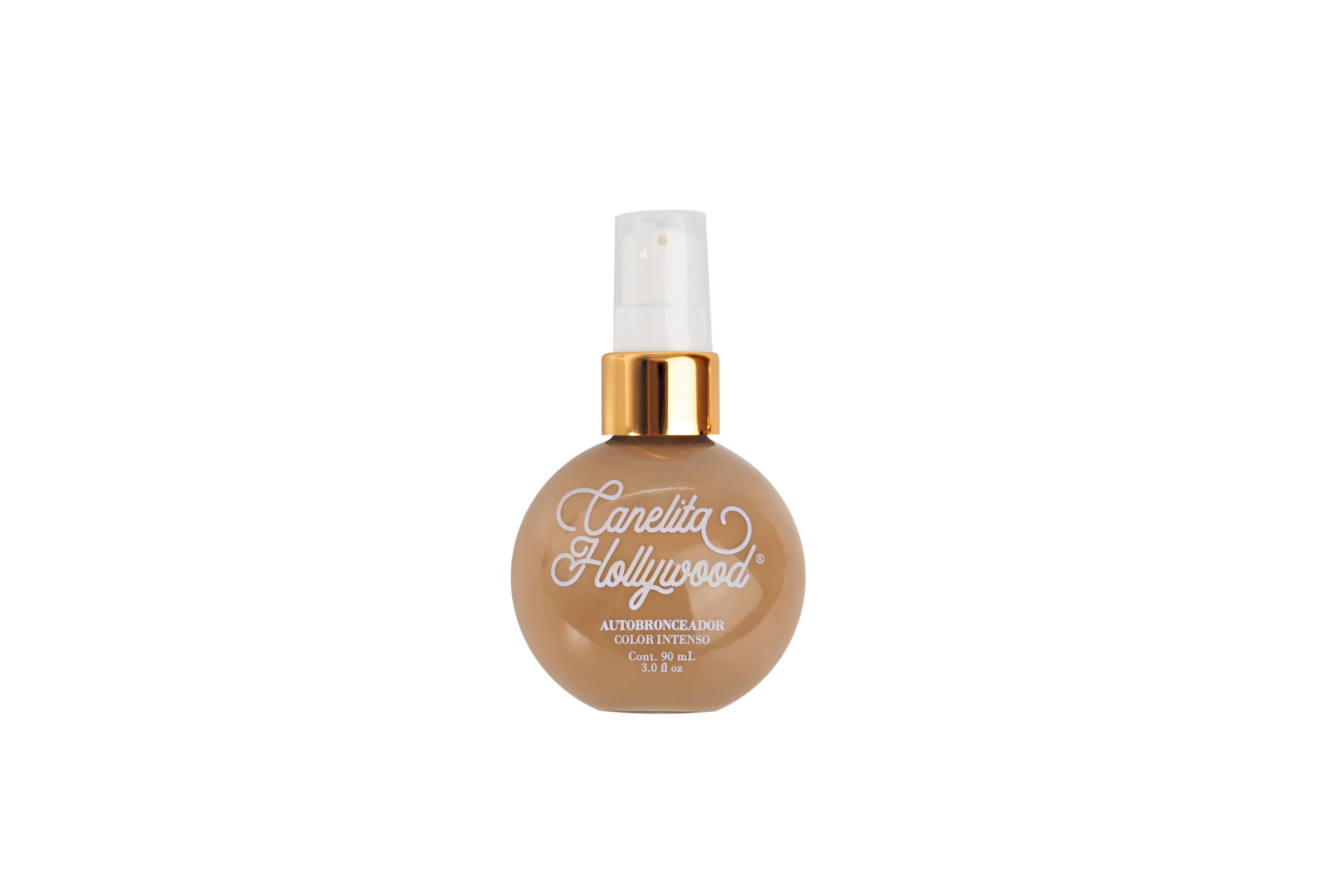 Autobronceador Canela Hollywood en envase redondo dorado, 90 ml.