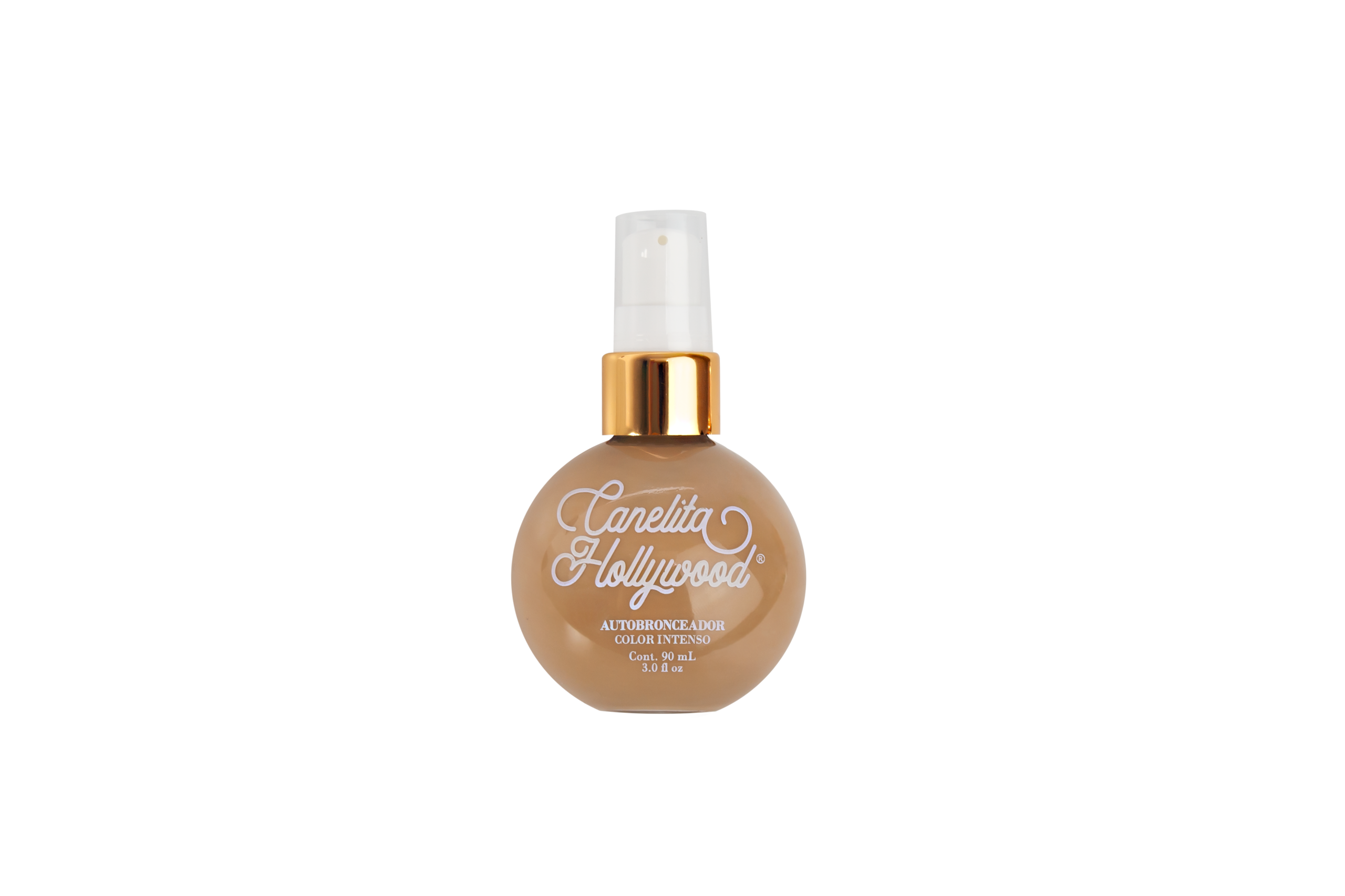 Autobronceador Canela Hollywood en envase redondo dorado, 90 ml.