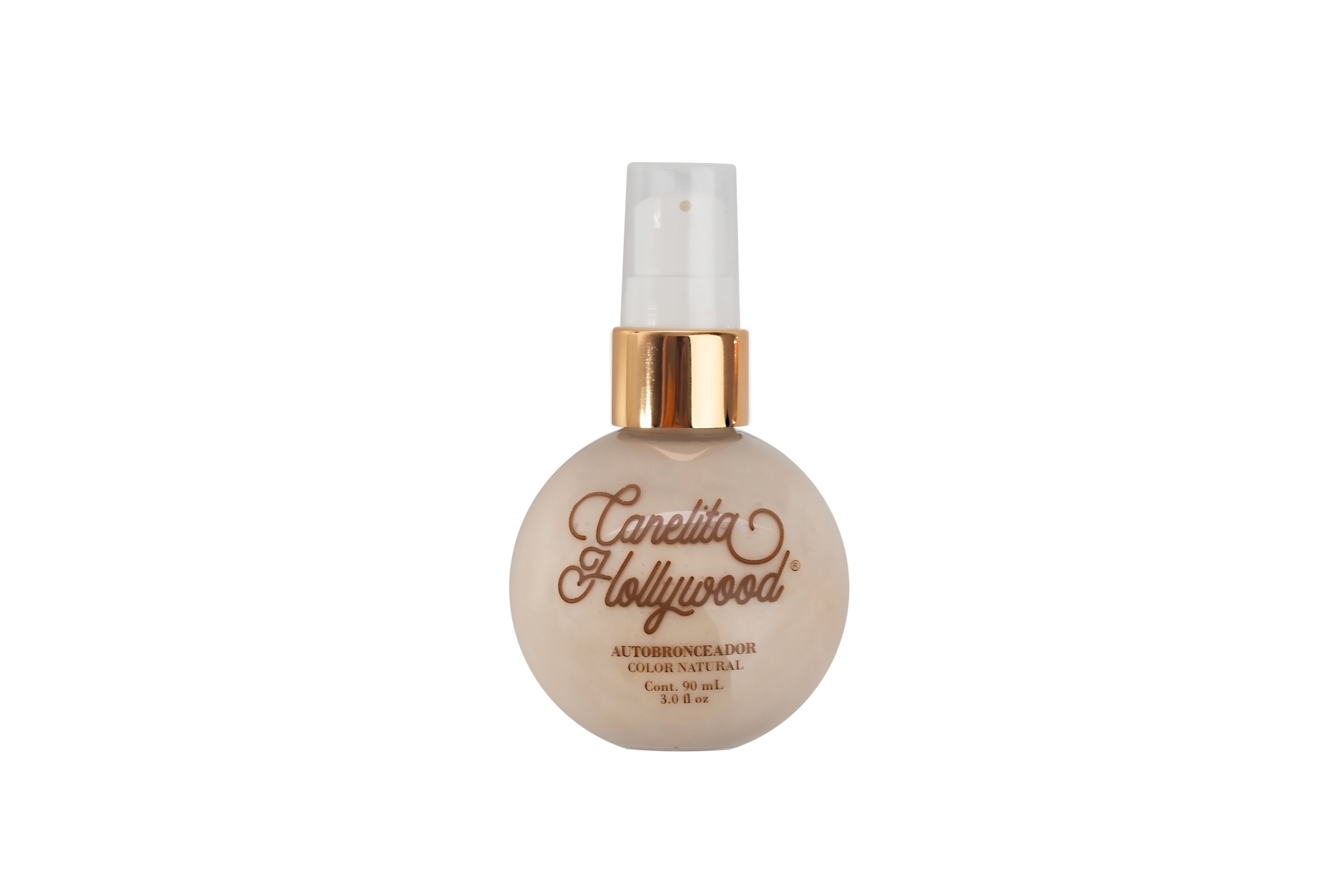 Autobronceador Canela Hollywood color natural en envase redondo con dispensador dorado, 90 ml.