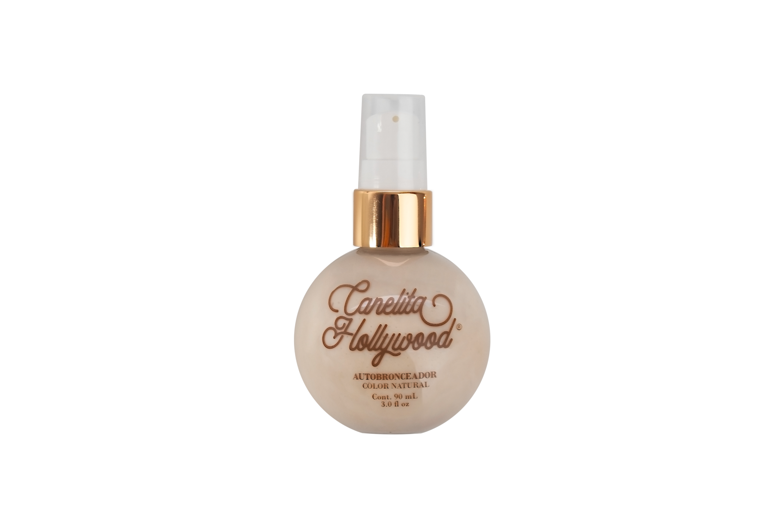 Autobronceador Canela Hollywood color natural en envase redondo con dispensador dorado, 90 ml.