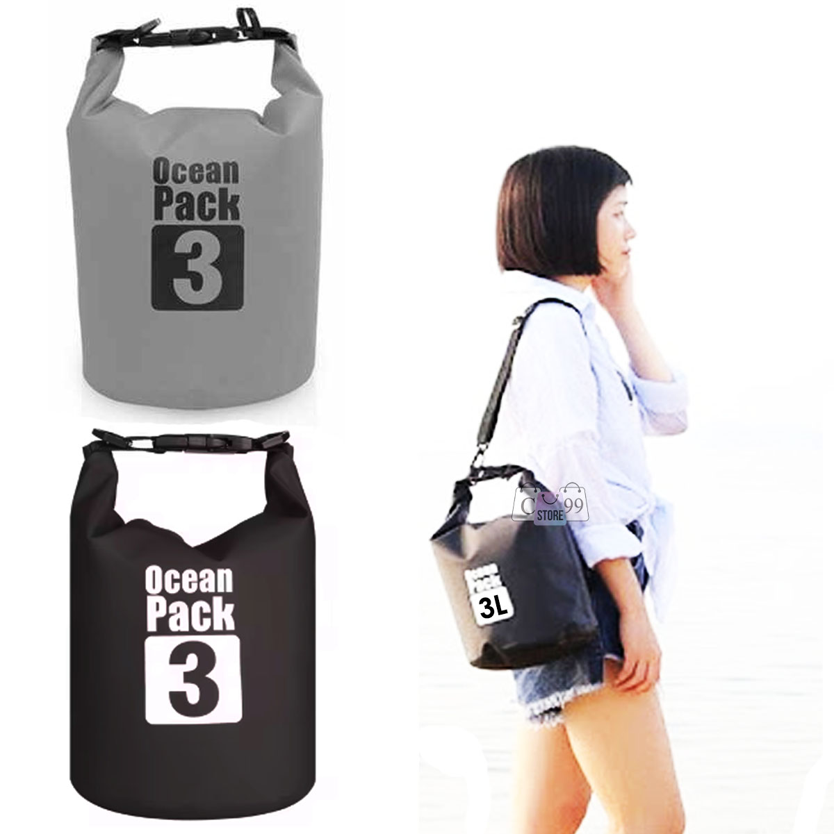 Bolso impermeable gris y negro de 3L para piscina, uno en mano de mujer.