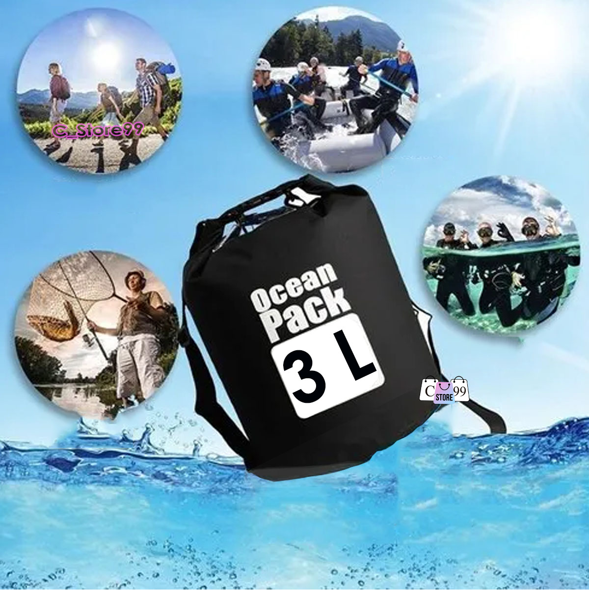 Bolso negro impermeable Ocean Pack 3L para actividades acuáticas, rafting y buceo.