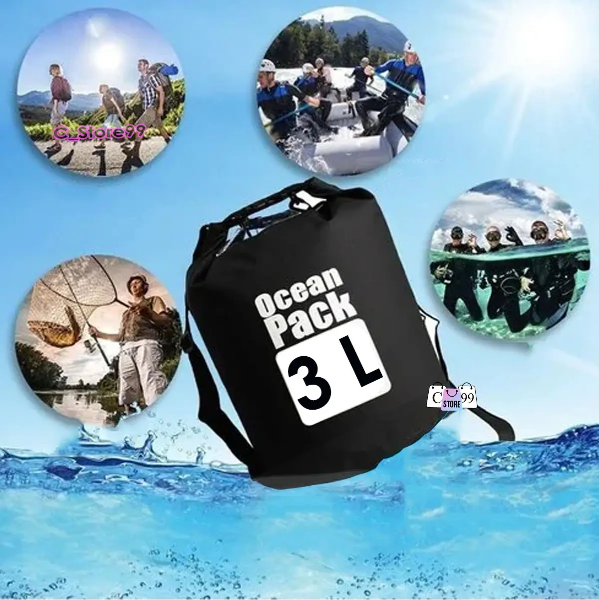 Bolso negro impermeable Ocean Pack 3L para actividades acuáticas, rafting y buceo.