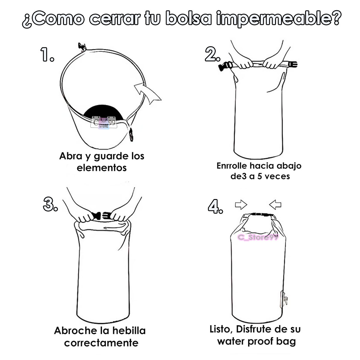 Pasos para cerrar bolso impermeable Ocean Pac: abrir, guardar elementos, enrollar y abrochar.