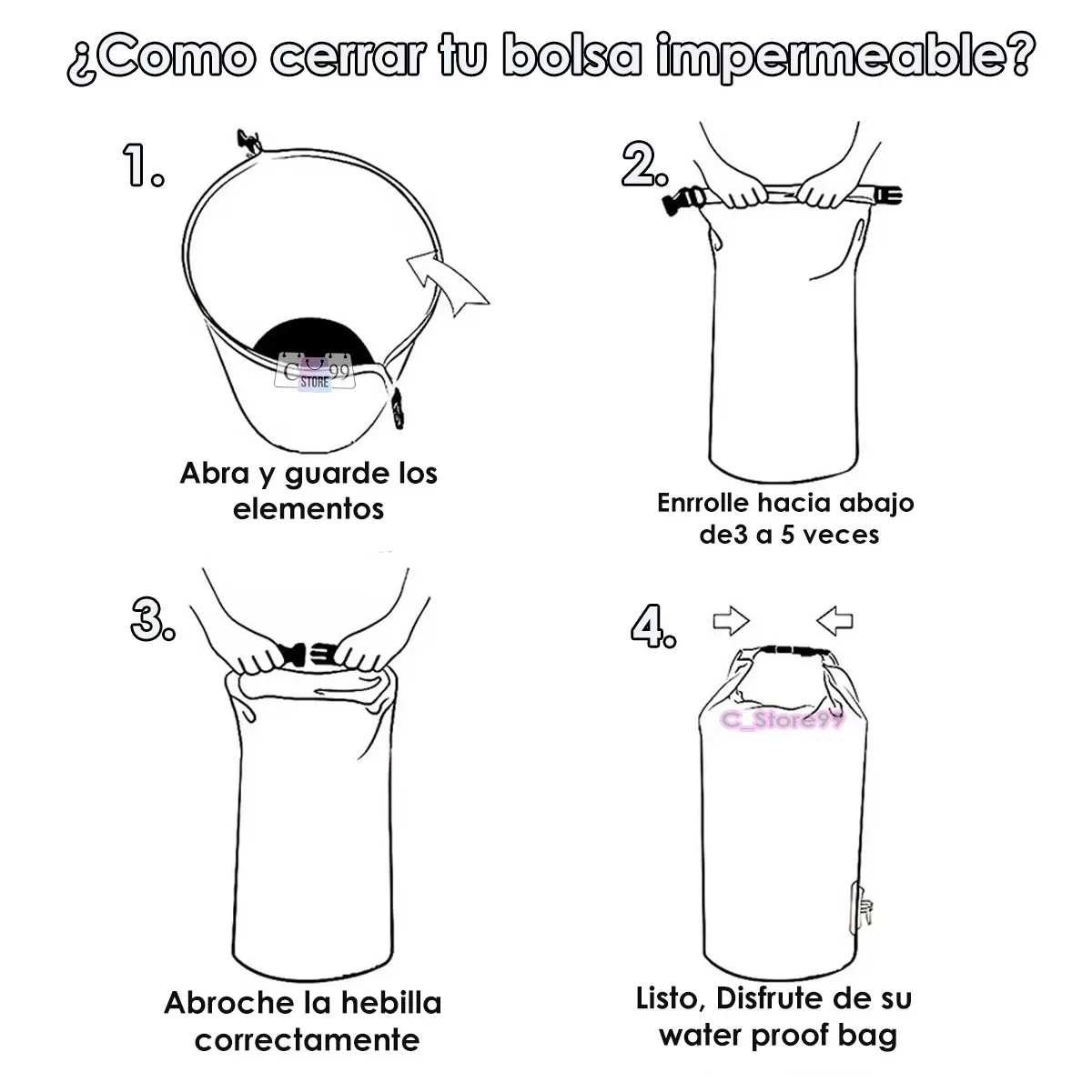 Pasos para cerrar bolso impermeable Ocean Pac: abrir, guardar elementos, enrollar y abrochar.