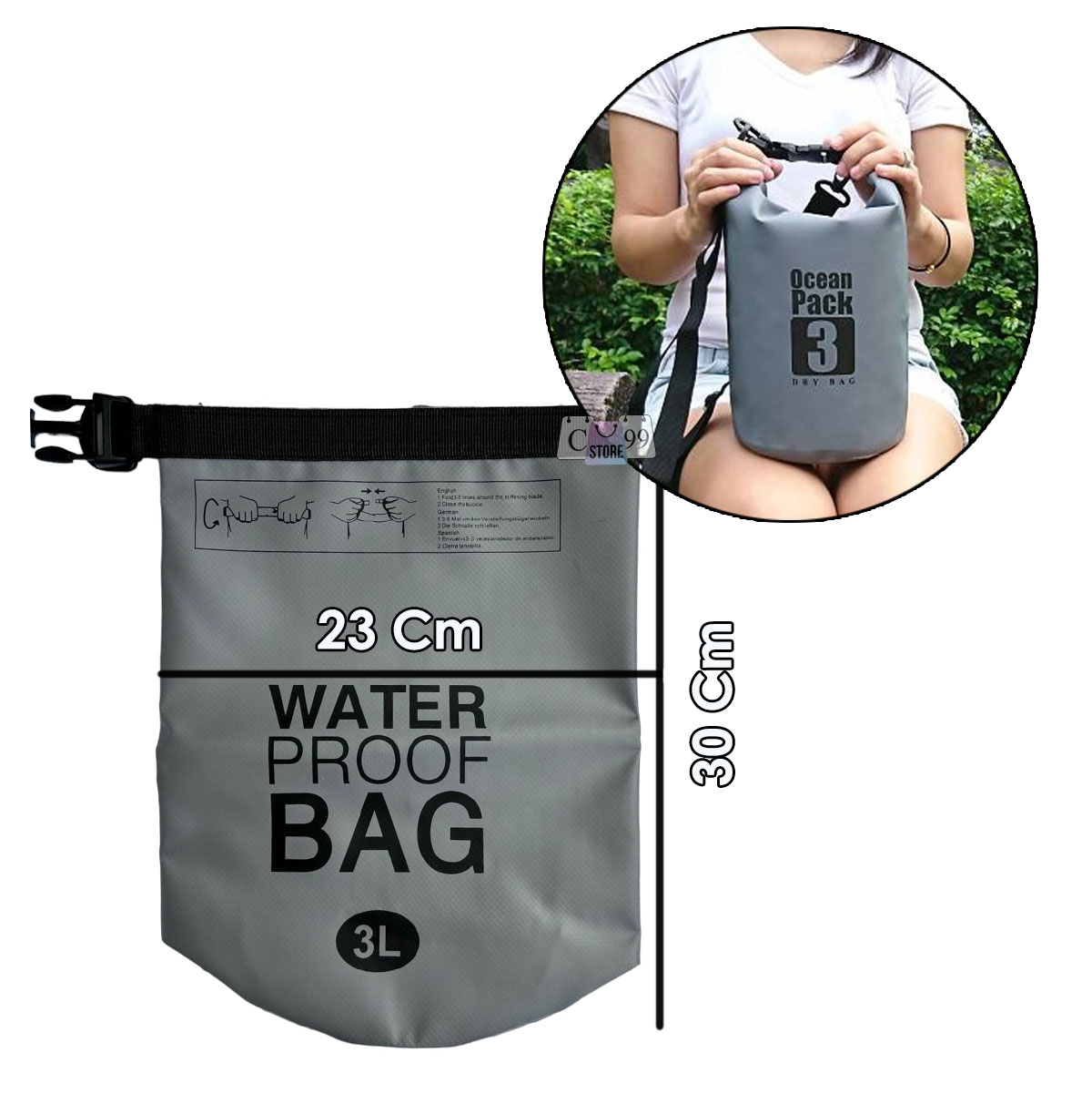 Bolso impermeable gris de 3 litros, 23cm de ancho, ideal para piscina.